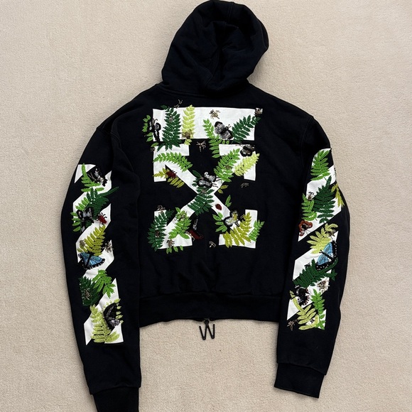 Off-White Jackets & Blazers - Off-White Black Hoodie with Green Leaf Accents size L